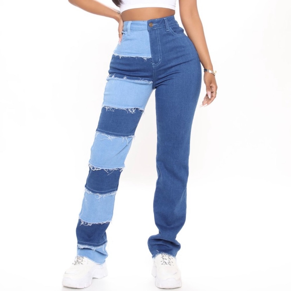 Breaking barrier patchwork straight leg jeans.